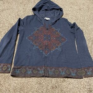 Lucky Lotus California Women M Blue Full Zip Hoodie Medallion Print Boho Casual